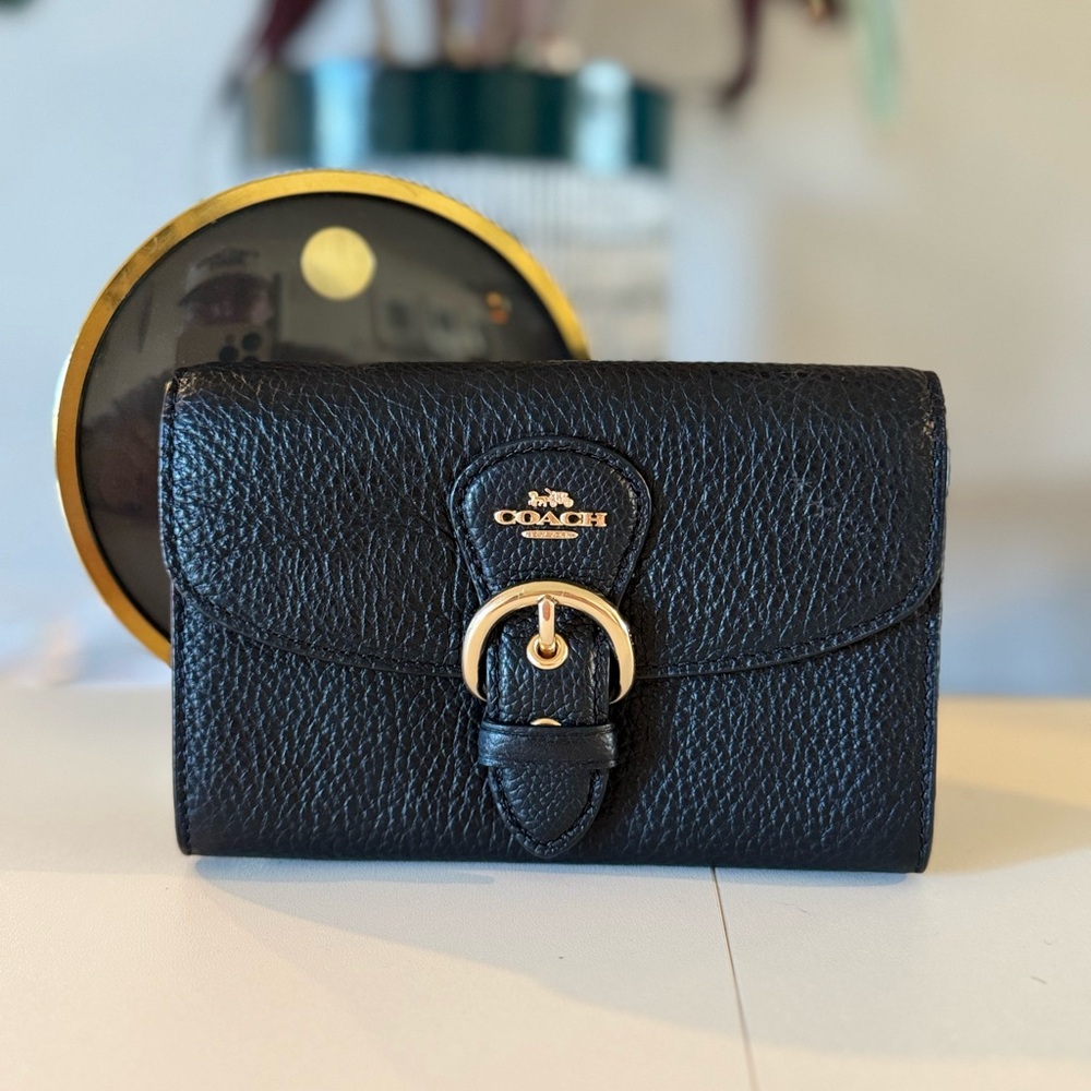 Coach Black Leather Wallet with Gold Buckle